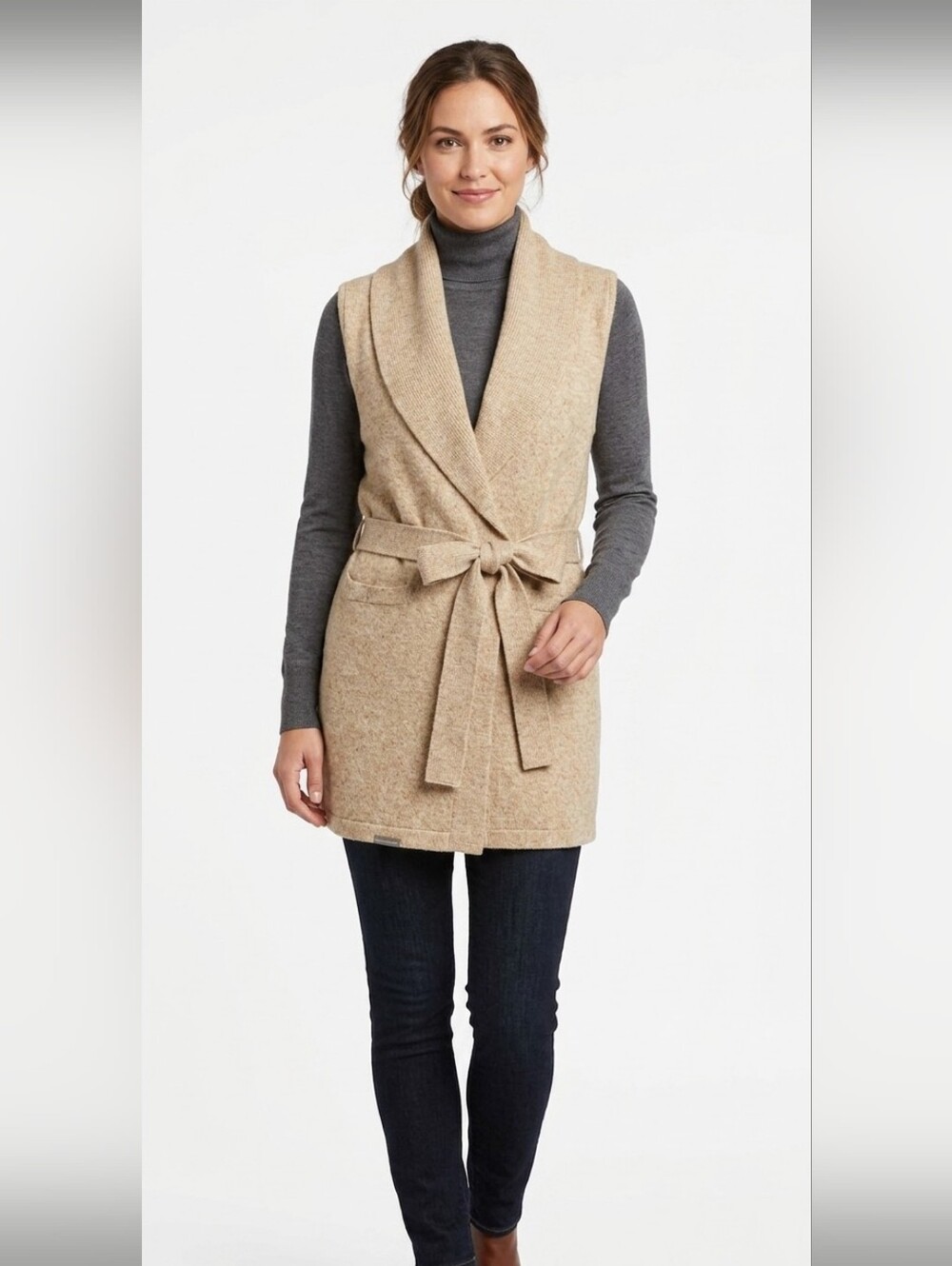 White House Black Market Sleeveless Shawl Collar Belted Vest Sweater Camel Small